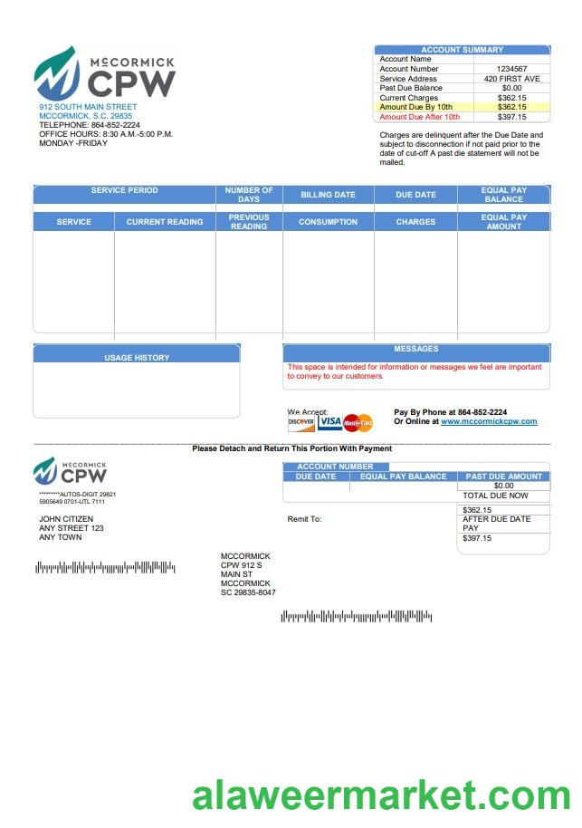 USA CPW utility bill template in Word and PDF format